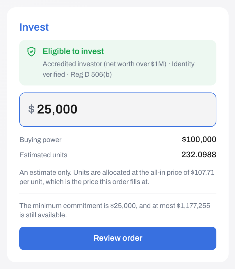 An order ticket taking a dollar amount and showing estimated units