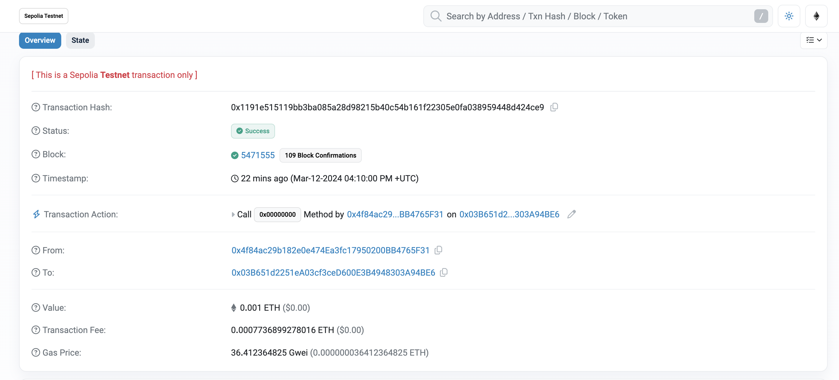 Sepolia Etherscan of 0.001 ETH Payments
