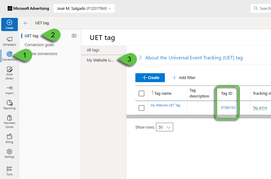 Find the UET Tag ID in Microsoft Ads.