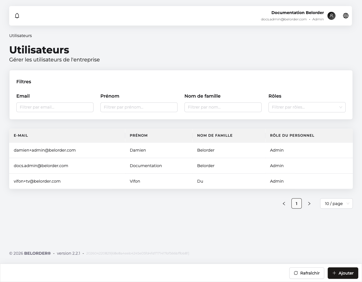 Page Utilisateurs dans le dashboard Belorder avec la liste des collaborateurs et les filtres par email, prénom, nom et rôles