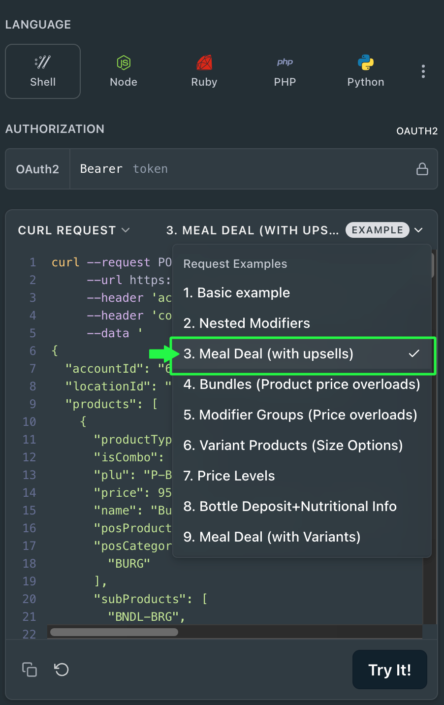 image shows a Meal deal with upsells in example 3 of the URL shown above