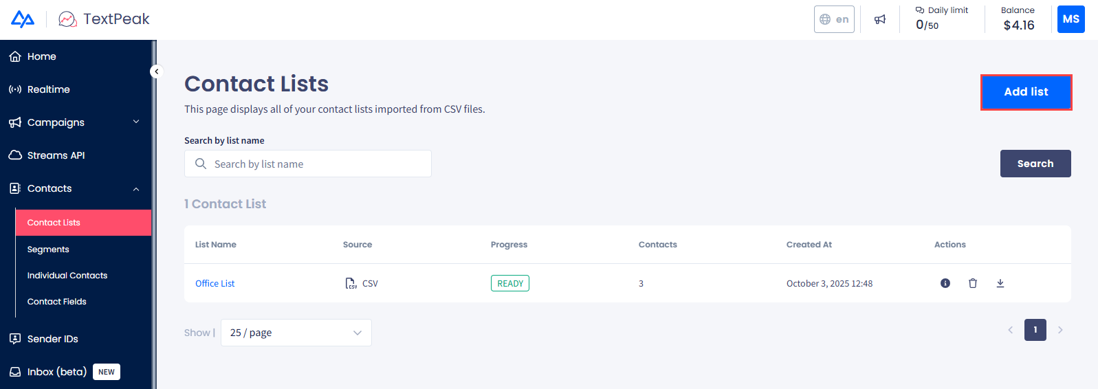 Screenshot of the **Contacts > Contact Lists** page
