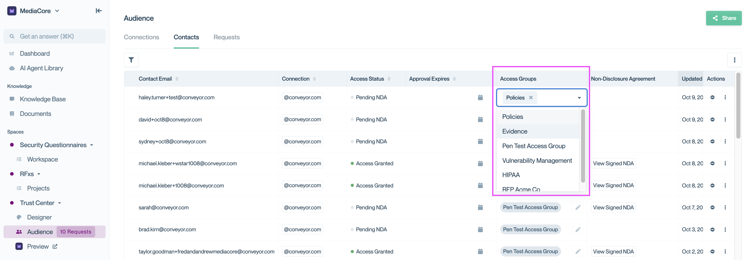 Edit Access Groups dropdown in Conveyor for a specific contact. Several groups are selected and appear at the top of the list.