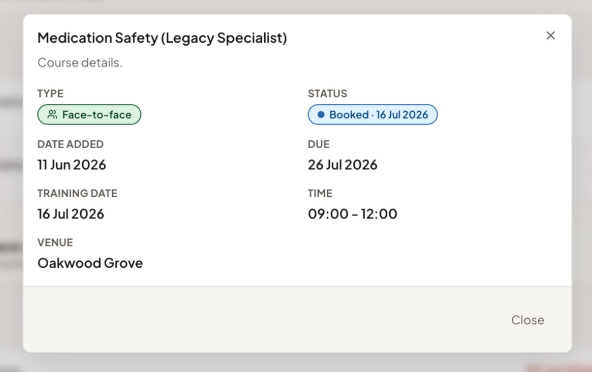 Course details for a booked face-to-face course, showing Training date, Time and Venue