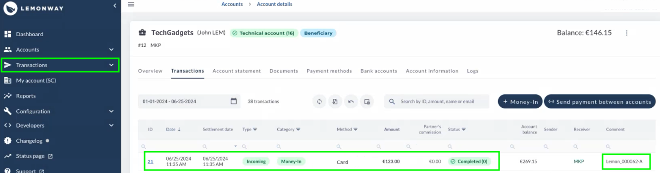 Lemonway Dashboard displaying completed transaction