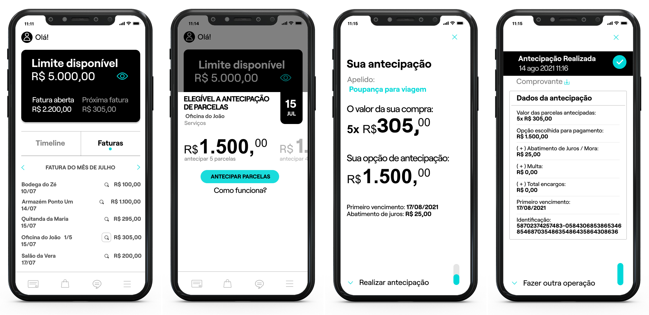 Antecipação de parcelas.jpg FIG: Exemplo de experiência que o emissor pode fornecer para a feature antecipação de parcelas