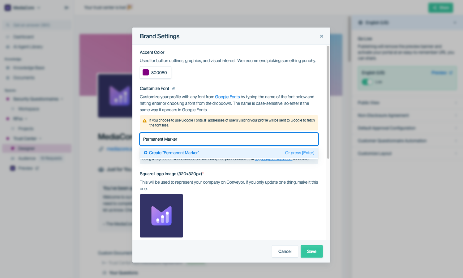 Brand Settings modal showing the “Customize Font” field with “Permanent Marker” typed in. The input field and the “Create ‘Permanent Marker’ or press [Enter]” prompt below it are highlighted with a pink box to draw attention to the action of adding a new Google Font that isn’t in the default list.