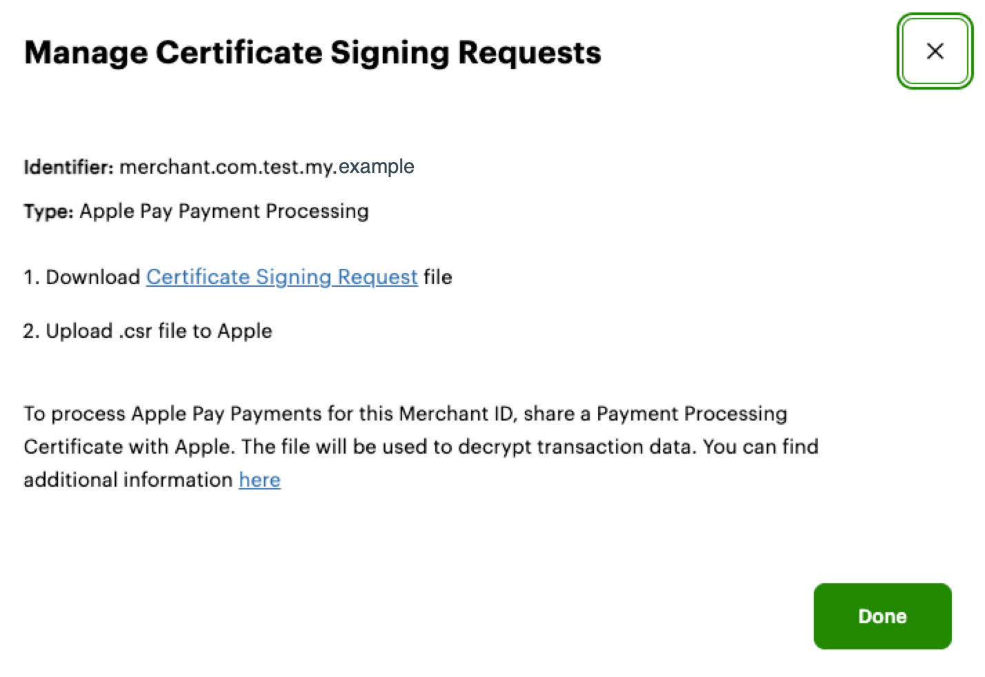 Clover Merchant Dashboard: Manage Certifcate Signing Request pop-up