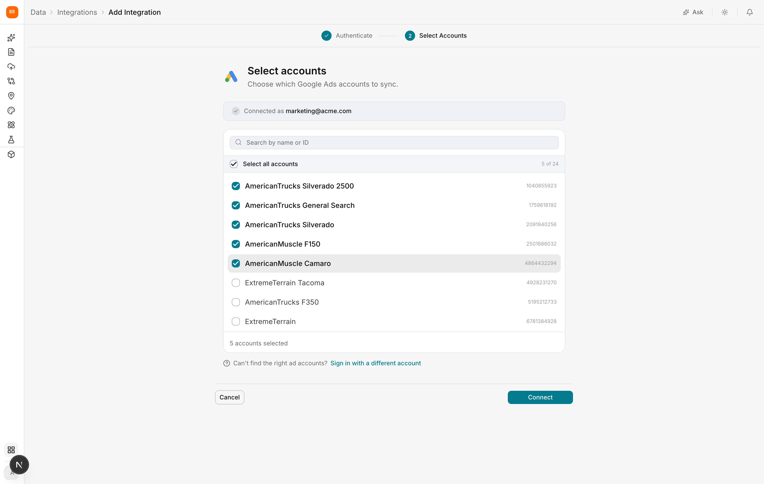Selecting which Google Ads accounts to sync