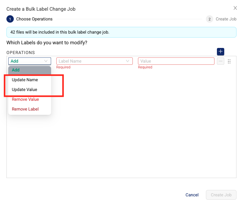 Create a Bulk Label Change Job dialog