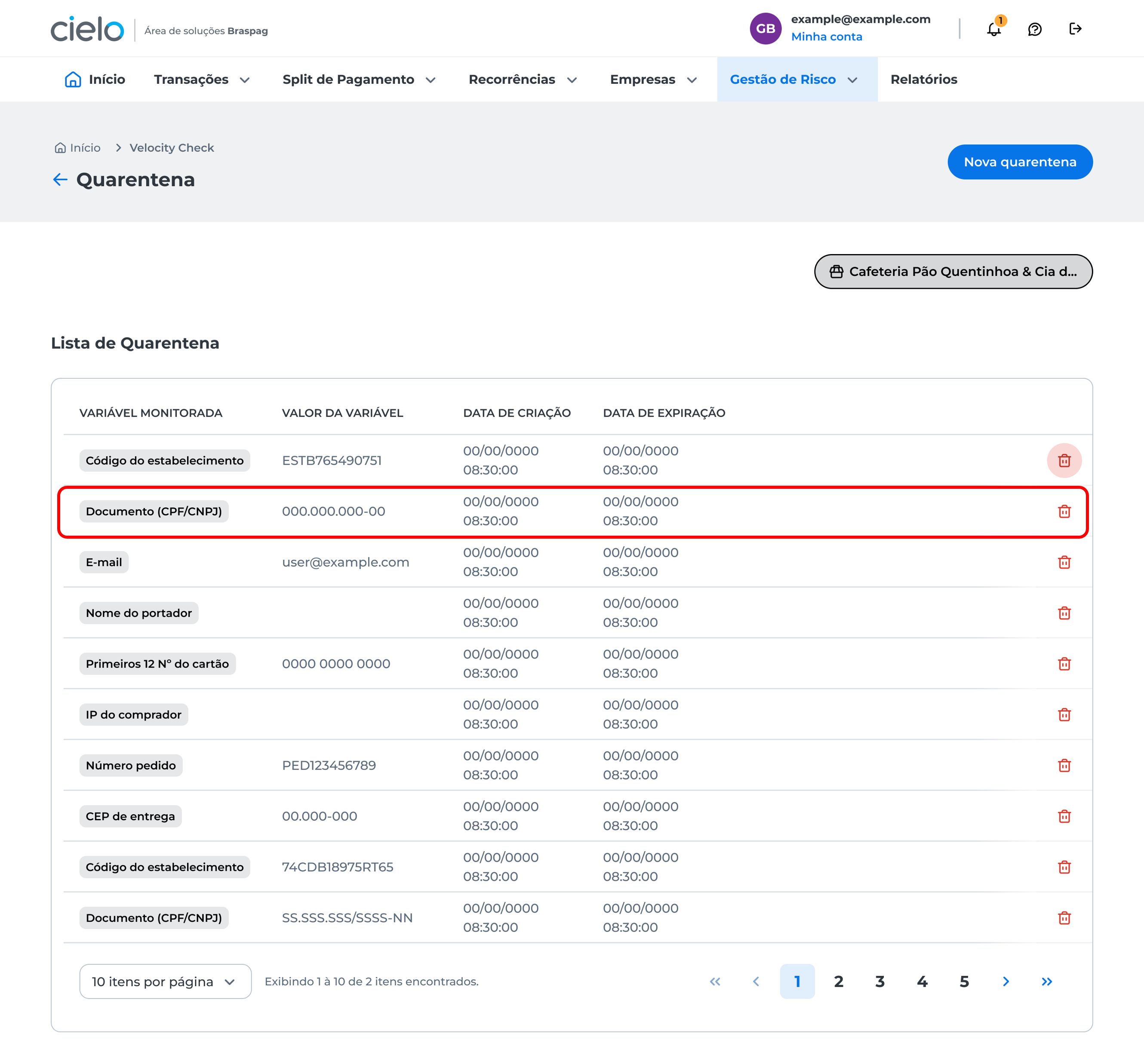 excluir lista de quarentena