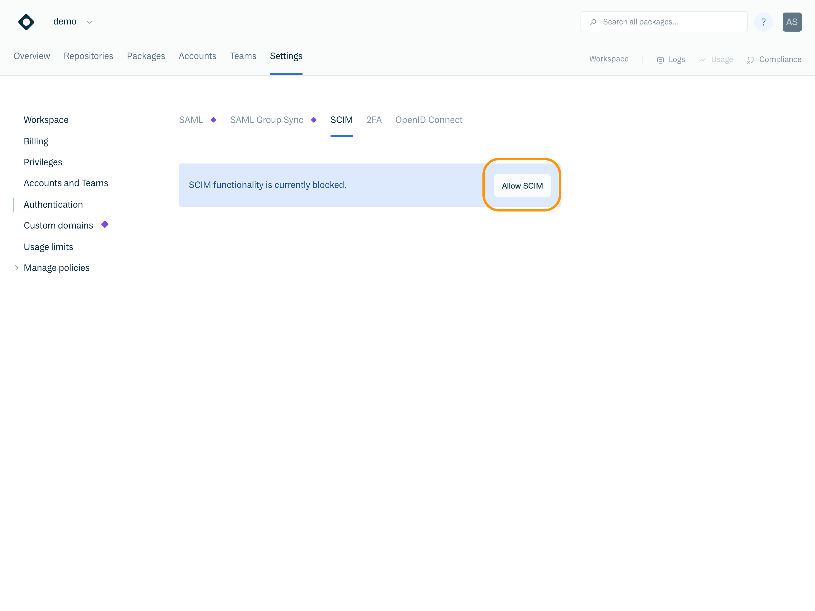 Allow SCIM in your Cloudsmith workspace