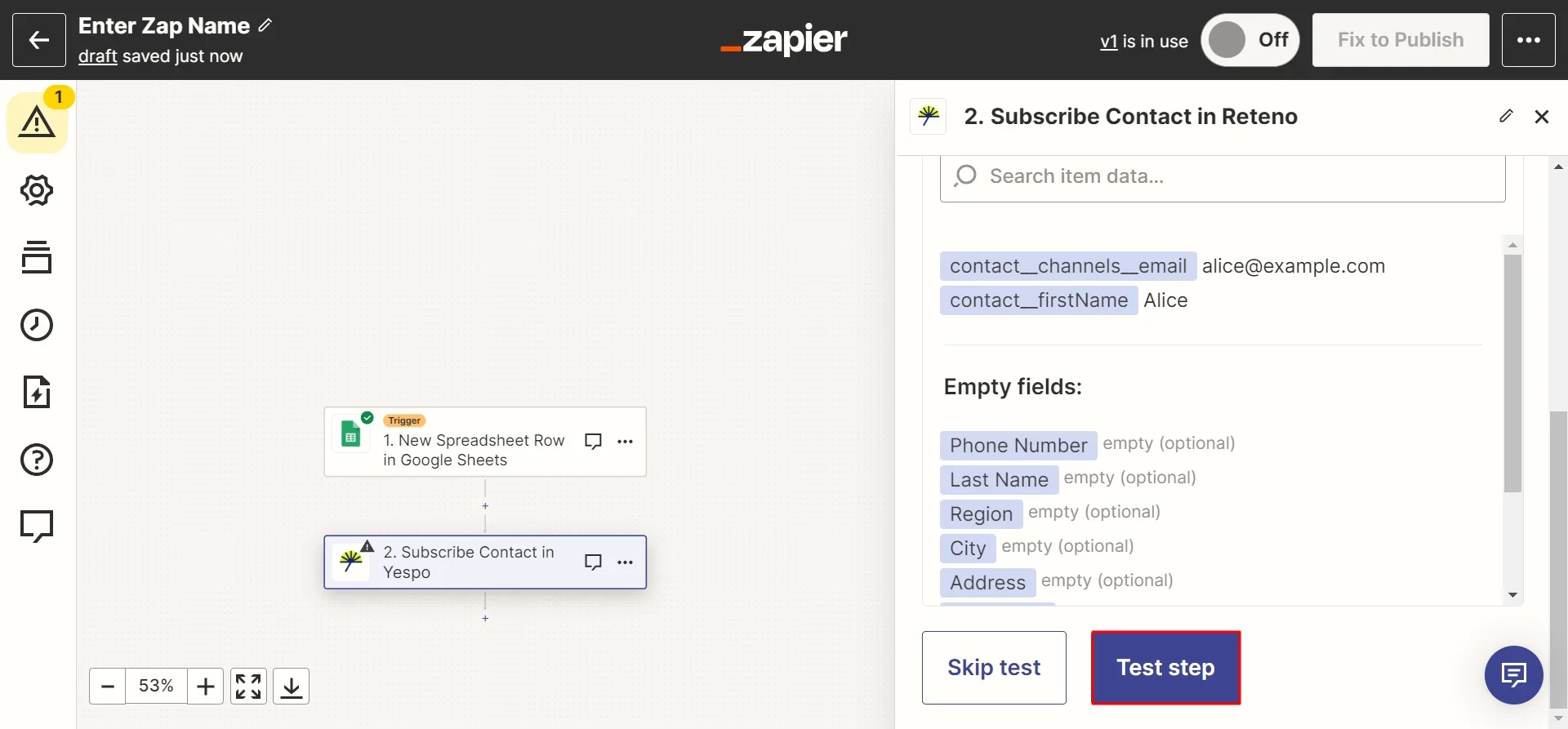 Zapier action test screen showing mapped contact fields and empty optional fields with the Test step button highlighted