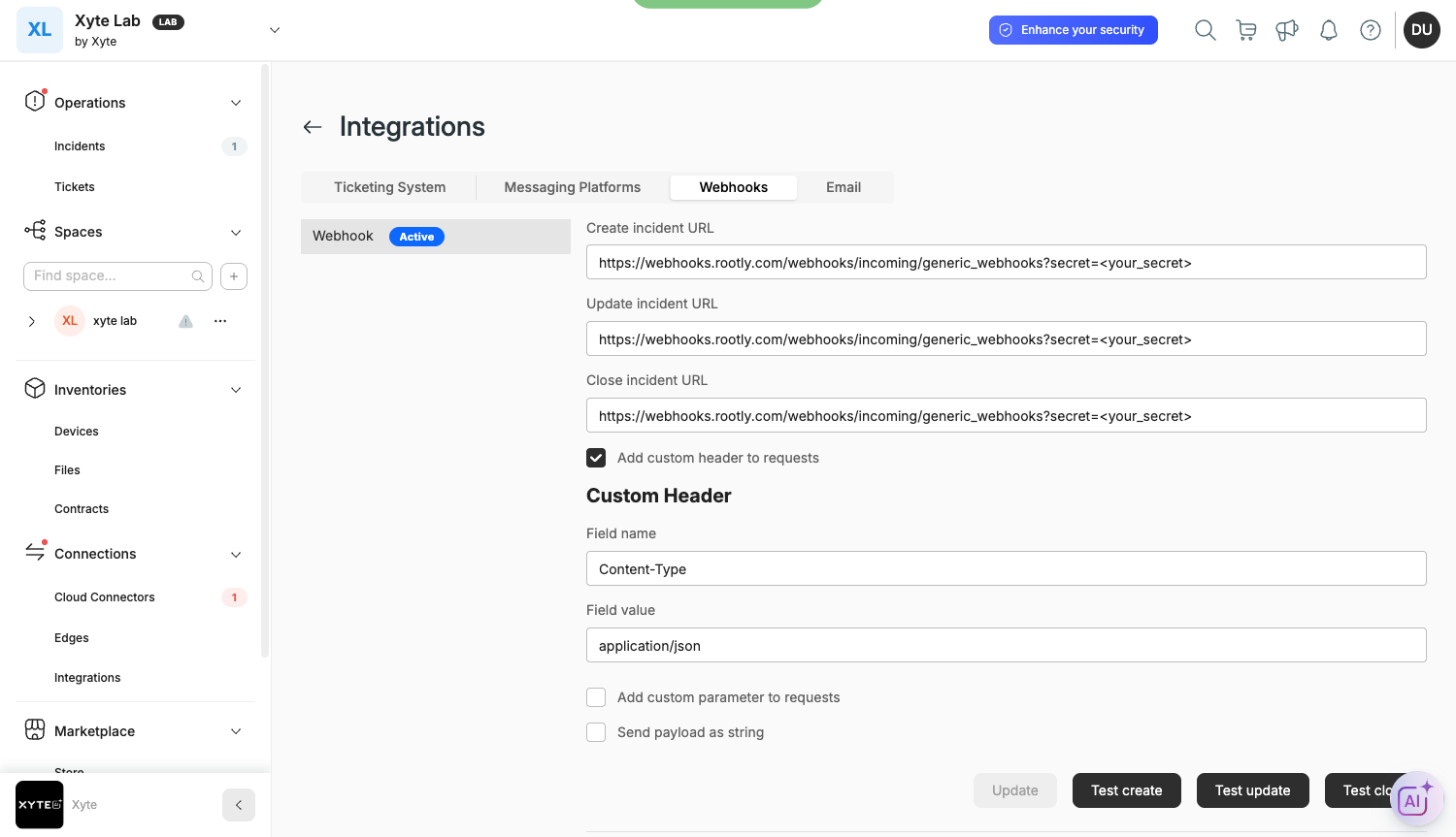 The Xyte Webhooks integration form with the Rootly URL in all three fields, a Content-Type custom header, and status Active