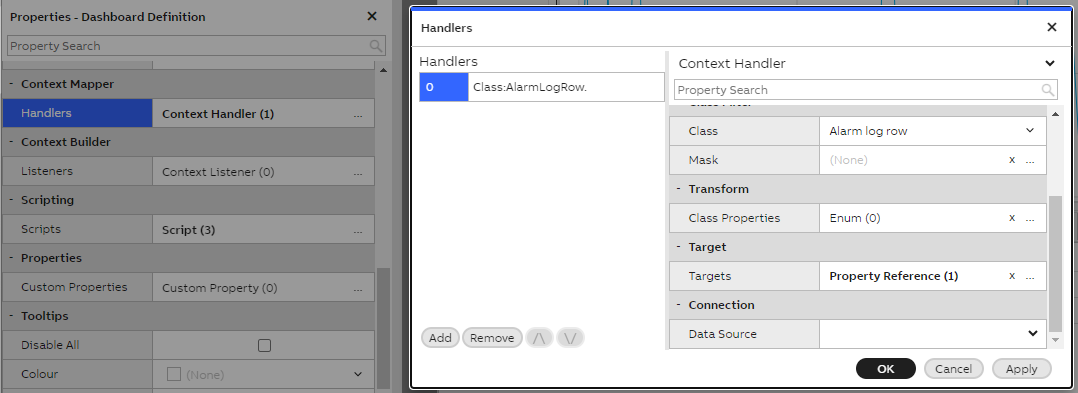Class Instance as the target of Context Handler on variable alarm trend display
