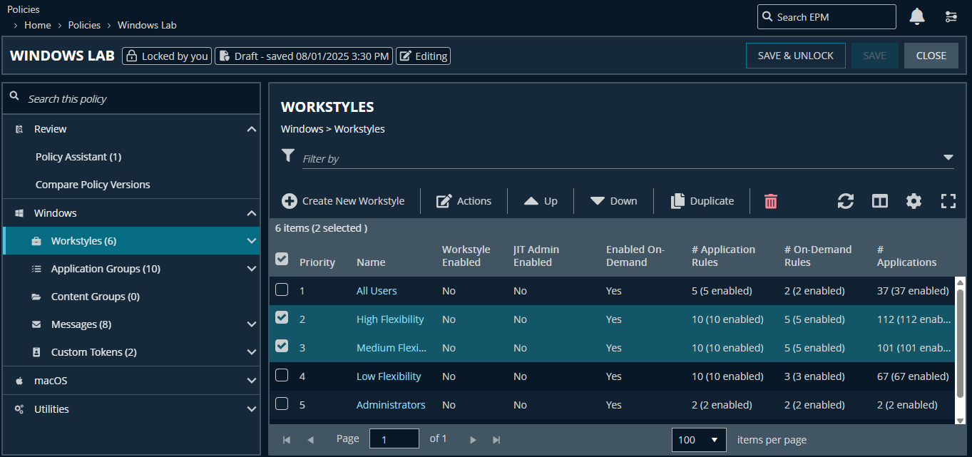 Activate a workstyle in the Policy Editor