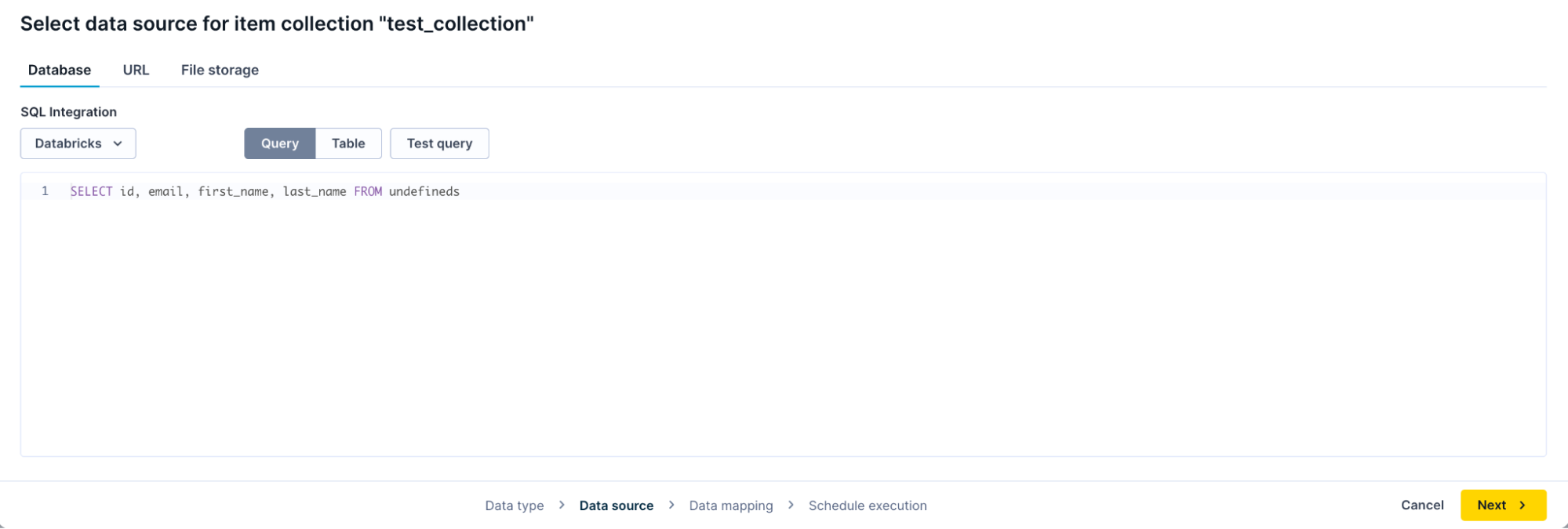 Data preview table showing imported records from a data warehouse with columns for item ID, supplier, category ID, colour, price, and stock level.