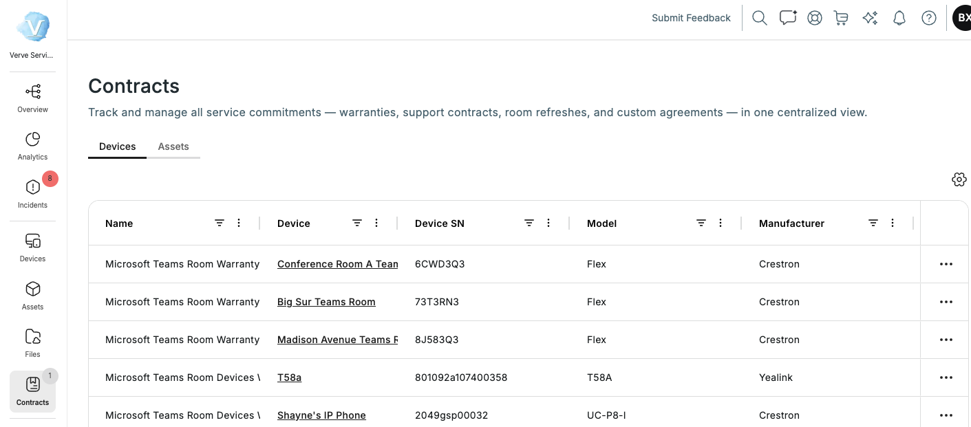 Warranties page showing a list of warranties.