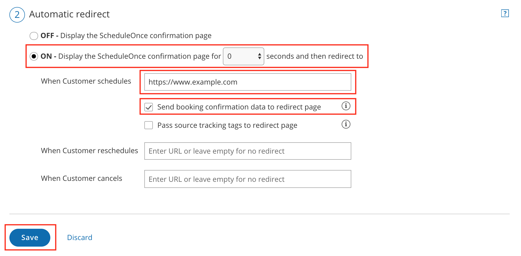 Figure 1: Automatic redirect settings - Custom confirmation page