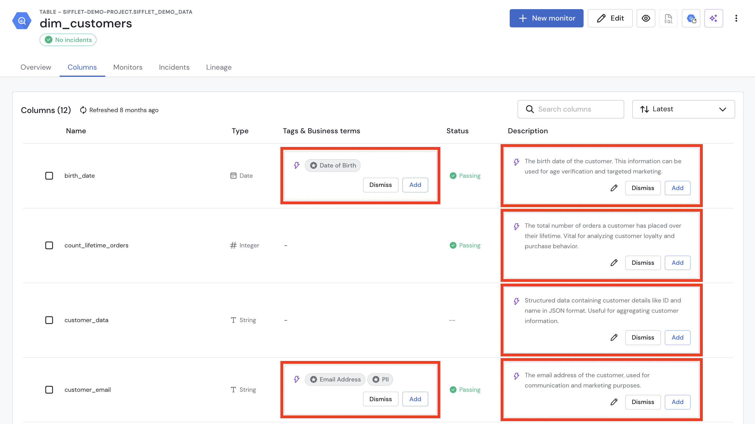 Review the field-level description suggested by Sifflet AI Assistant