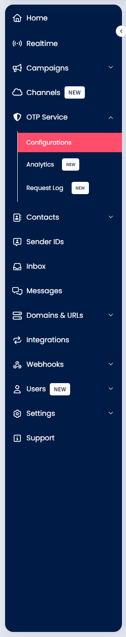 Screenshot of the OTP Service > Configurations menu tab