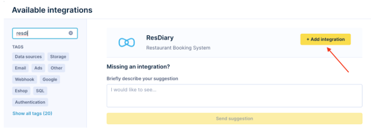 Integrations page with ResDiary search result and Add integration button