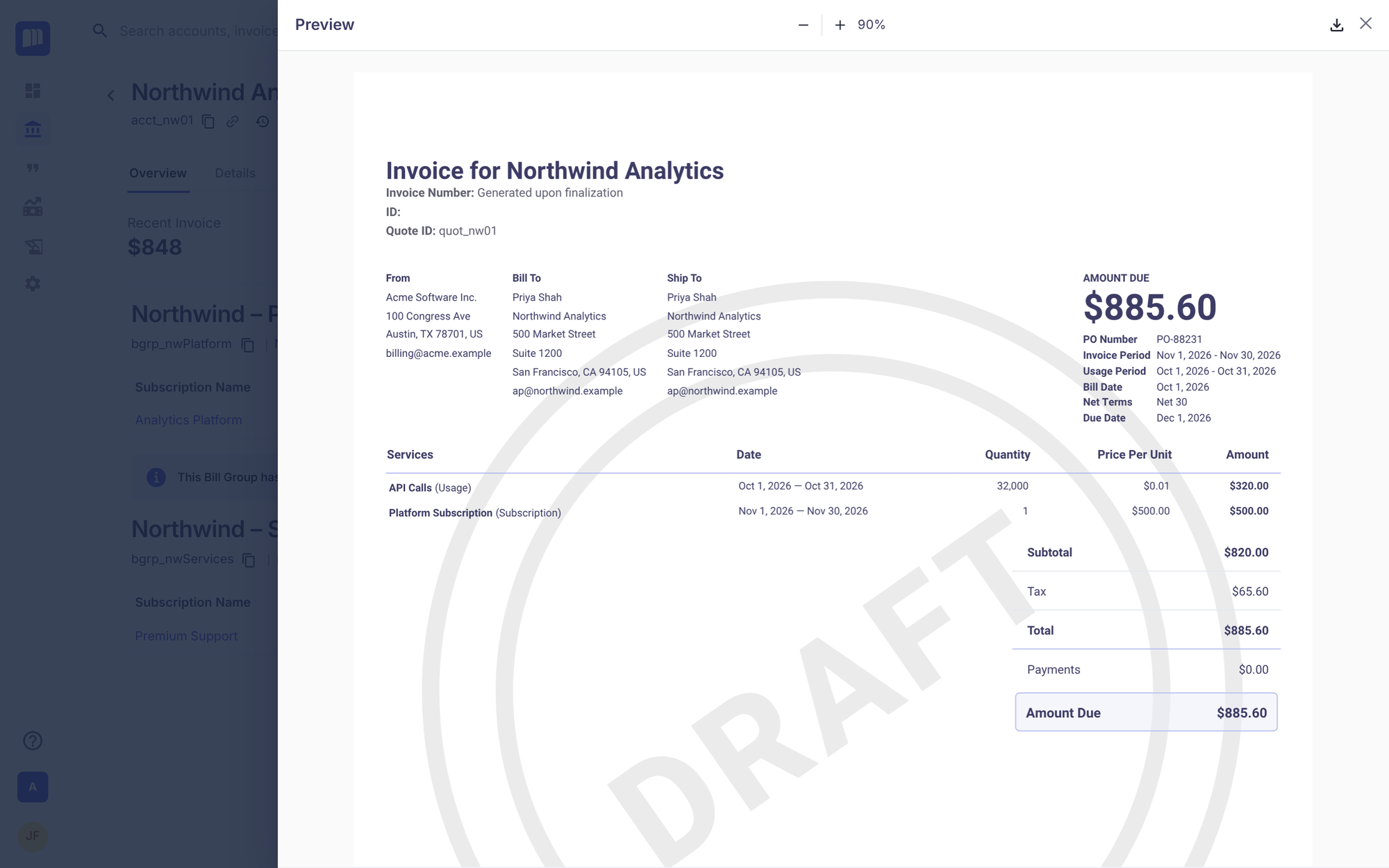 Preview drawer showing a DRAFT-watermarked invoice for Northwind Analytics. Invoice Number: Generated upon finalization. Invoice Period Nov 1–Nov 30, 2026; Usage Period Oct 1–Oct 31, 2026. Lines: API Calls (Usage) 32,000 × $0.01 = $320.00; Platform Subscription $500.00. Subtotal $820.00, Tax $65.60, Total $885.60, Amount Due $885.60.