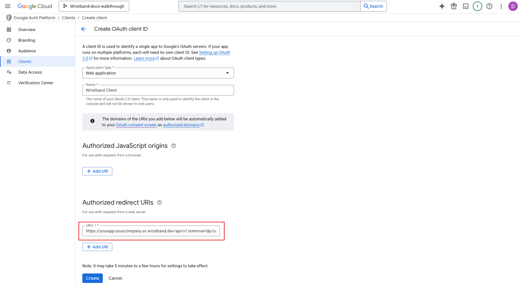 OAuth credentials form in Google Cloud Developer Console