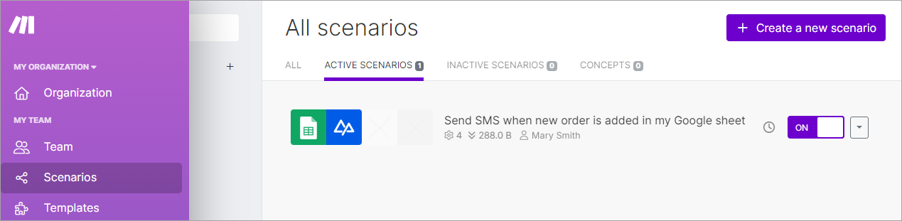 Screenshot of the Scenarios section