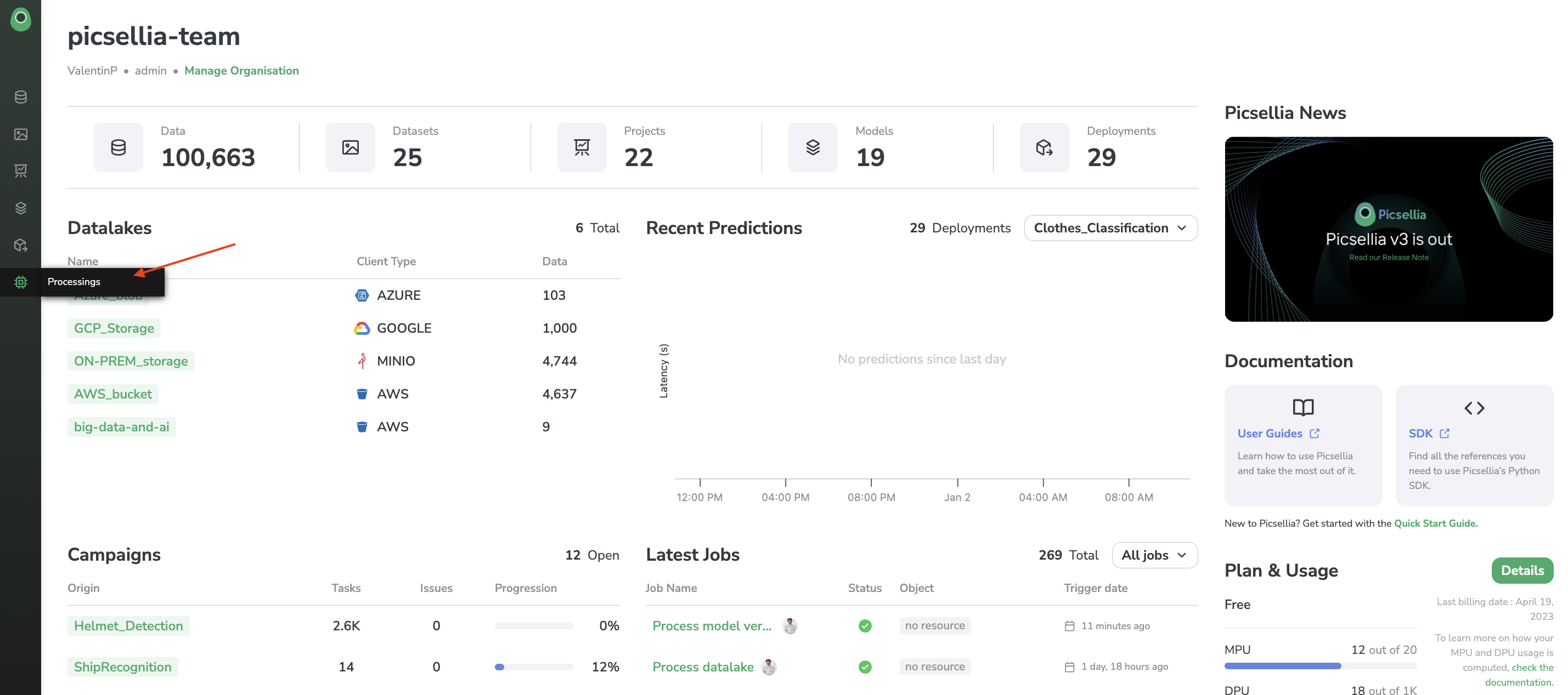 Access the Processings page