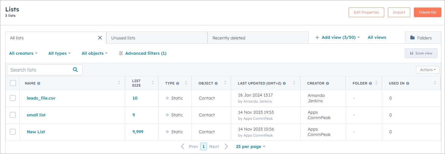 Screenshot of the HubSpot **Contact > Lists** tab