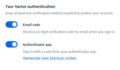 Screenshot of the Two-factor authentication section with the Email code and Authenticator app toggles enabled