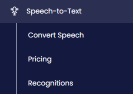 Screenshot of the Speech-to-Text tab menu options