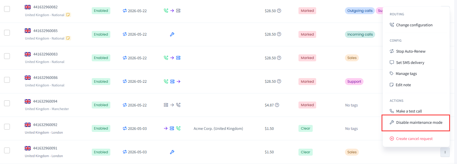 Screenshot of the Disable maintenance mode action