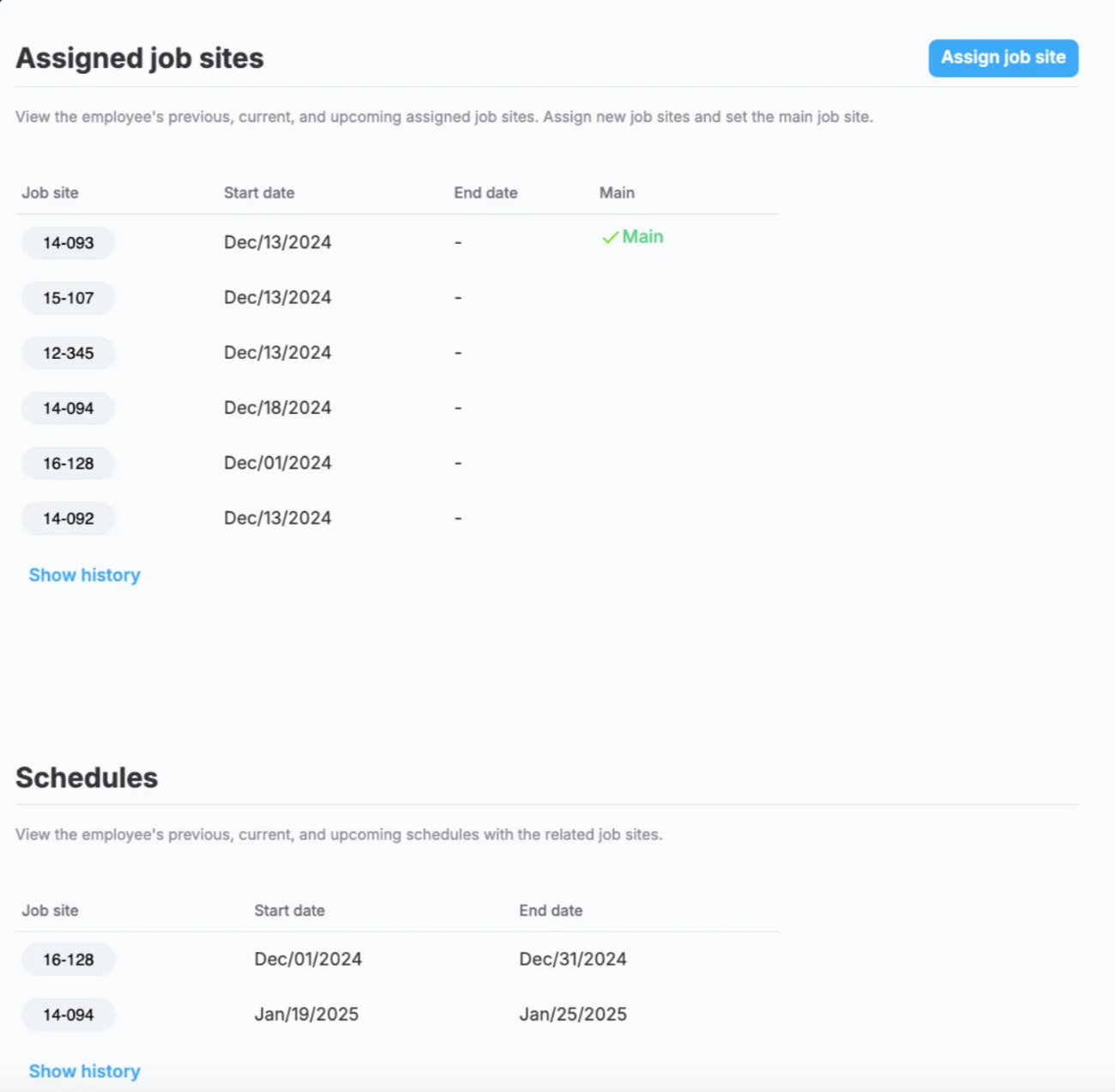 Assigned job sites and schedules