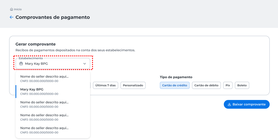 Para gerar o comprovante de um Seller, altere o estabelecimento selecionado usando o filtro “Estabelecimento”