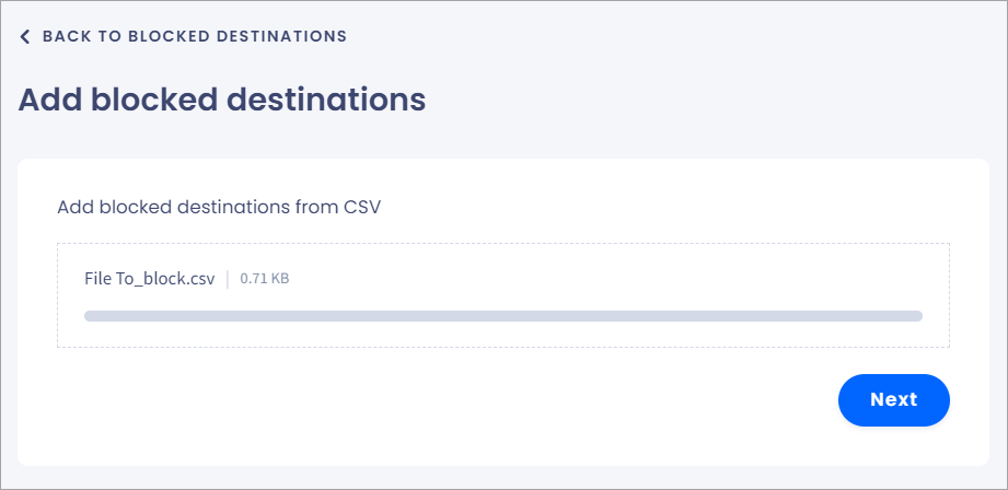 Screenshot of the **Add blocked destinations** section: file upload