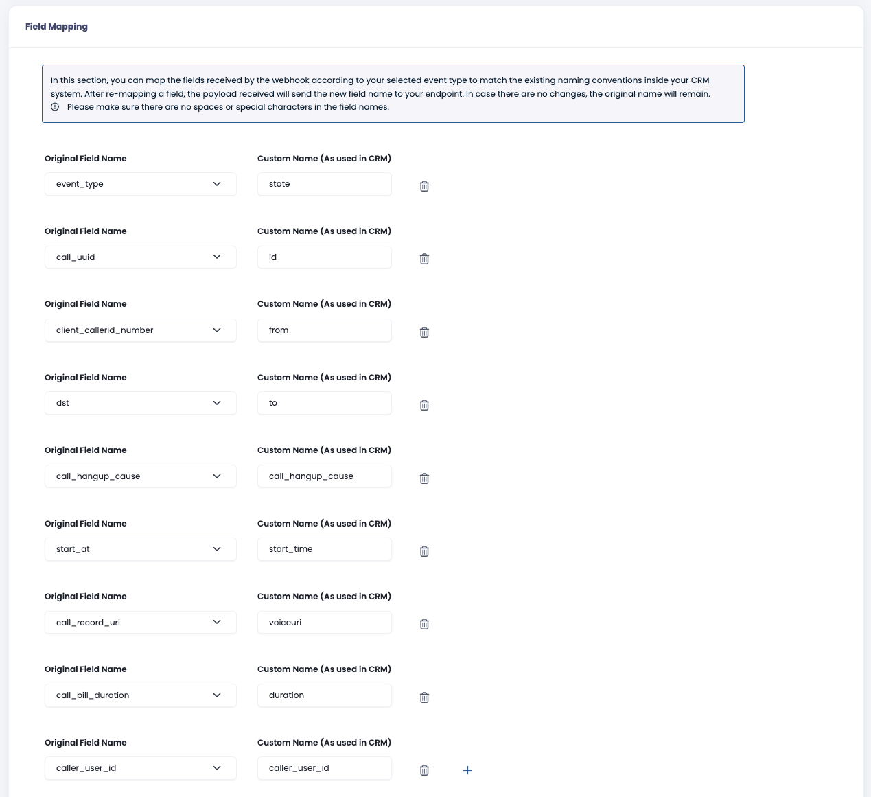 Screenshot with the webhook field mapping