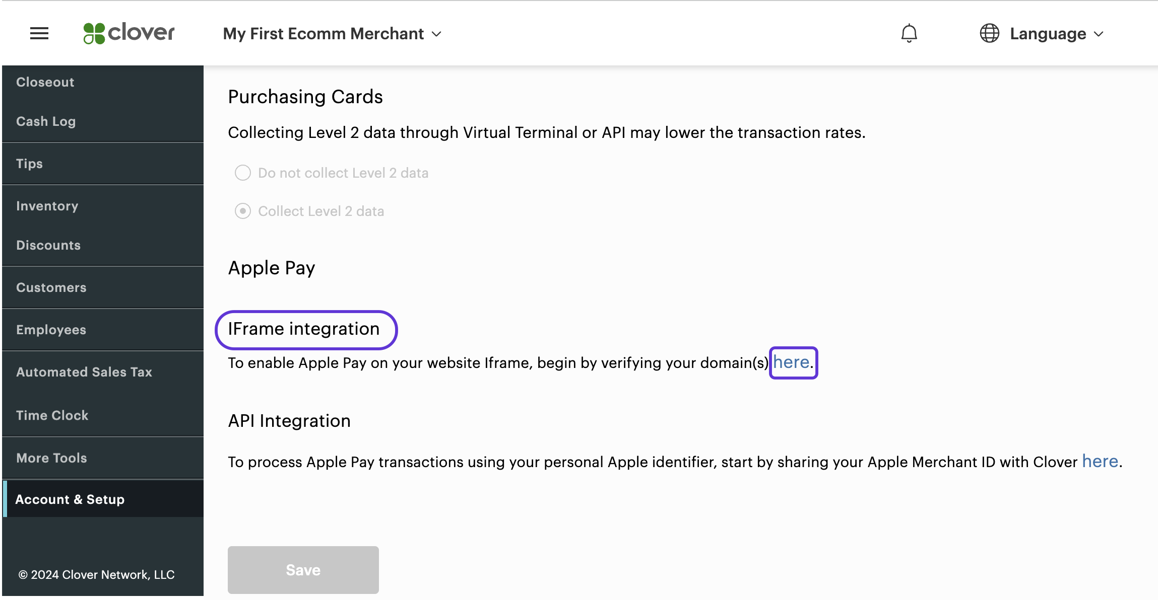 Clover Merchant Dashboard: Apple Pay iframe integration domain verification link