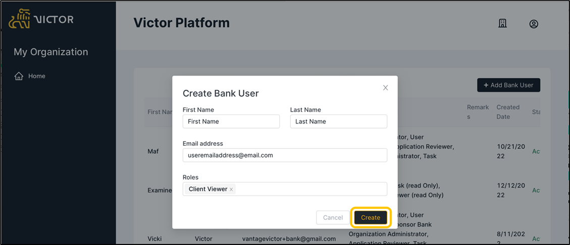 Figure 5. Create Bank User modal creation