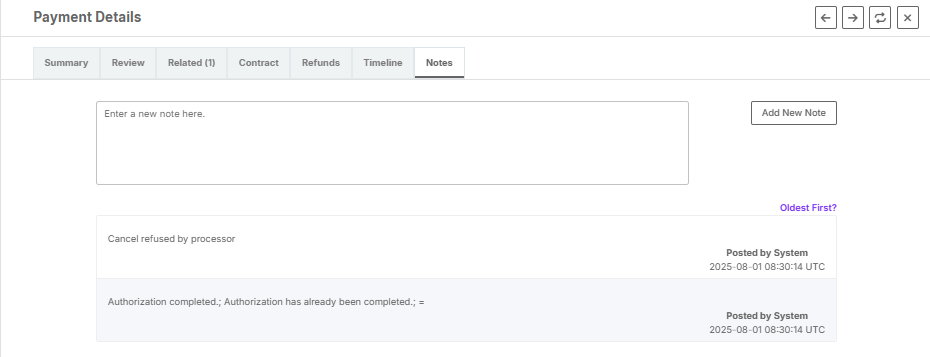 Screenshot of the Payment Details' Notes tab
