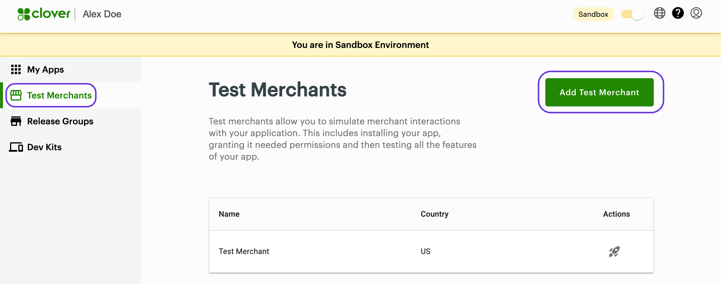 Global developer Production Test Merchants page