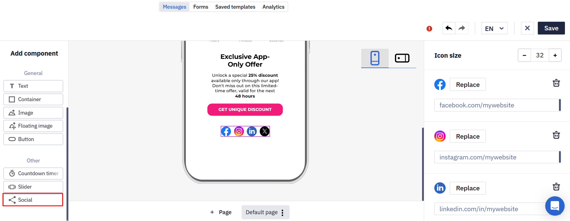 In-App editor with the Social component highlighted in the left panel, a row of social icons in the message, and the settings panel with icon size and links