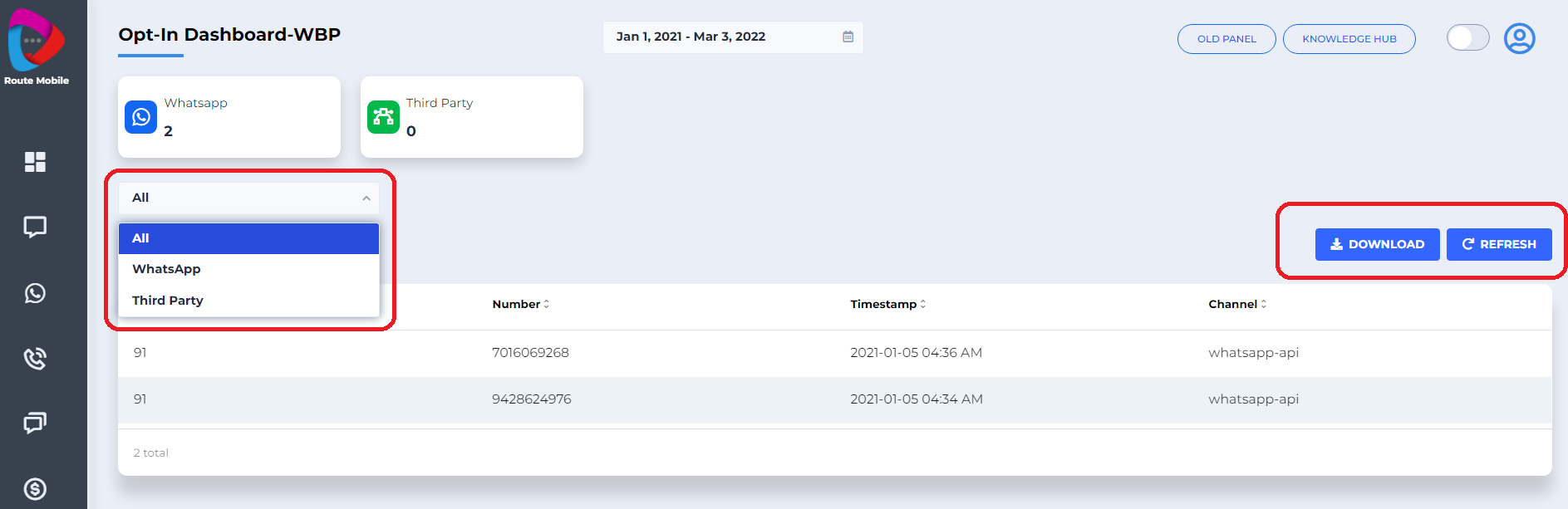 WhatsApp Opt-in Dashboard showing WhatsApp and third-party filter options