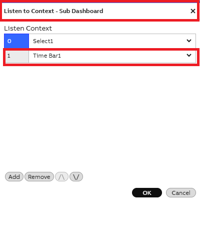 Sub Dashboard - Widget Settings, add a Listen Context and select Time Bar1