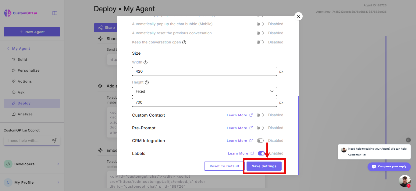Save settings button