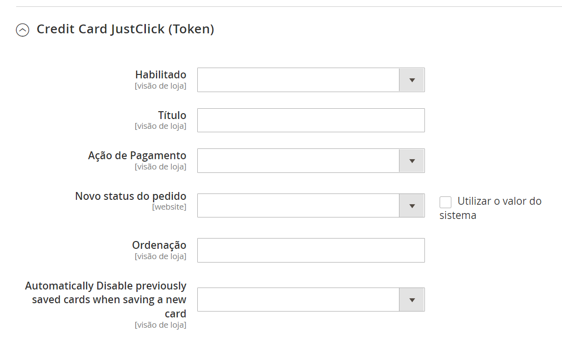 Tela de configuração a serem preenchidos na seção Credit Card JustClick (Token)