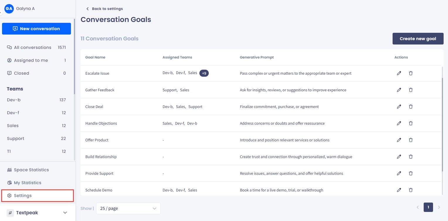 A screenshot of the Inbox > Settings > Conversation Goals page