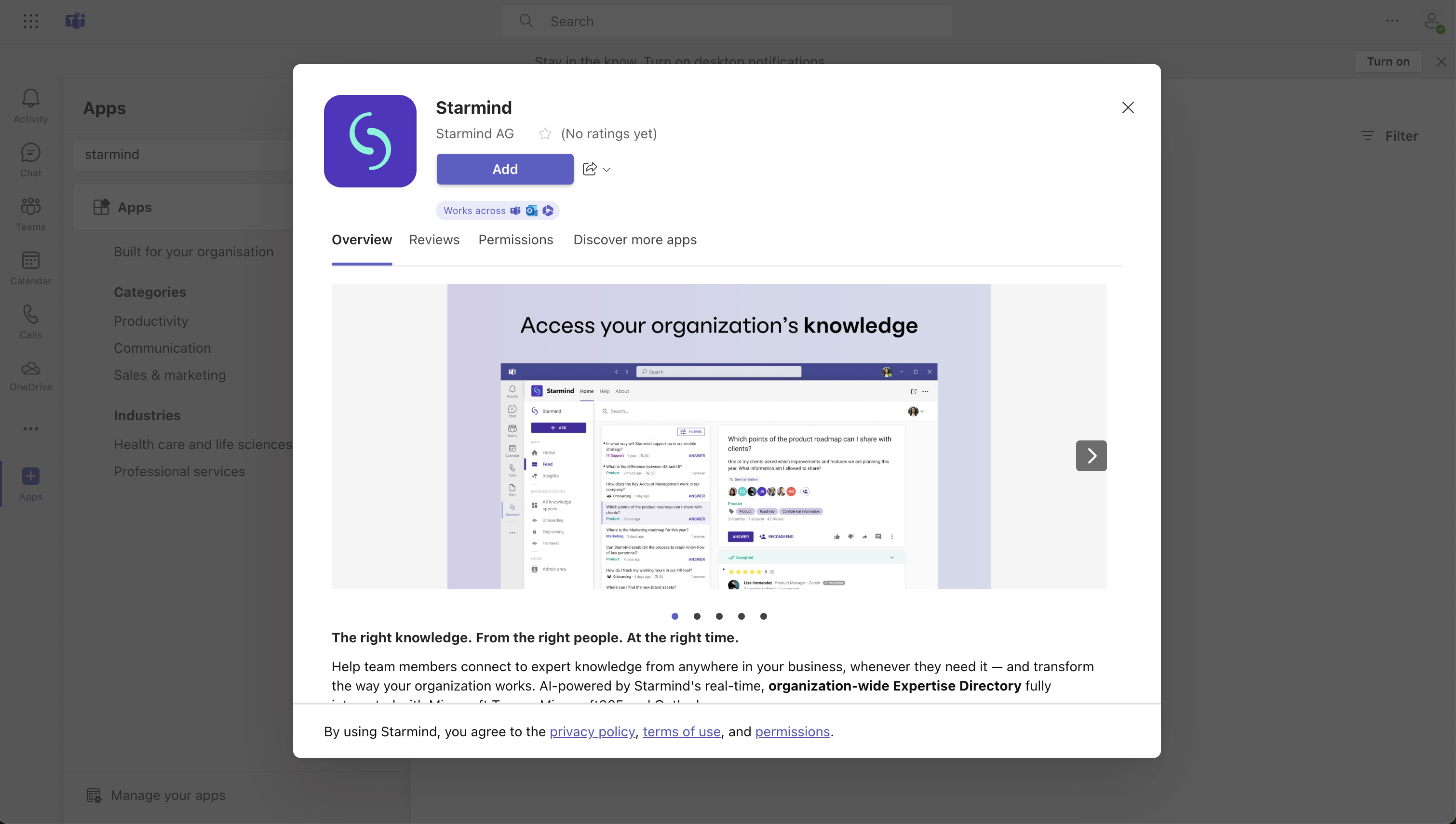 In any Microsoft Teams client, add the Starmind Personal App