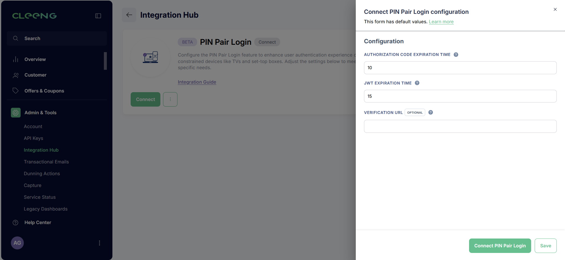 Cleeng Dashboard - PIN Pair Login Configuration